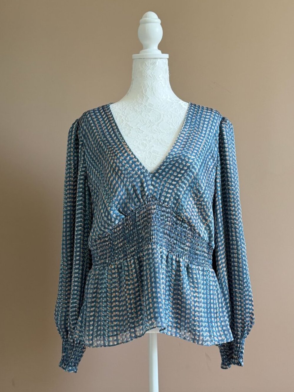 BCBGMAXAZRIA metallic blue sheer blouse Size L